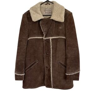 Vtg North King Rancher Coat Brown Suede Shearling Mens 42‎ Long Western Cowboy